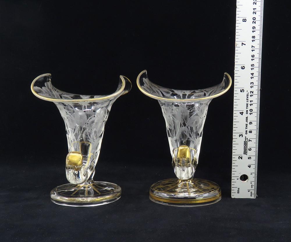 Charming Pair Antique mid/late 1800s Cut Glass Gilt Floral Vases Rose Design