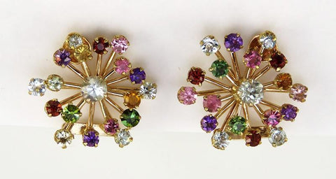 Vintage/Retro 18K Gold & Rainbow Gemstone Clip Earrings Peridot Tourmaline Topaz