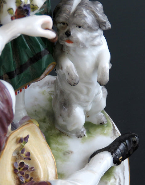 Charming mid 1800s French Porcelain Figural Group Courting Scene Couple and Dog