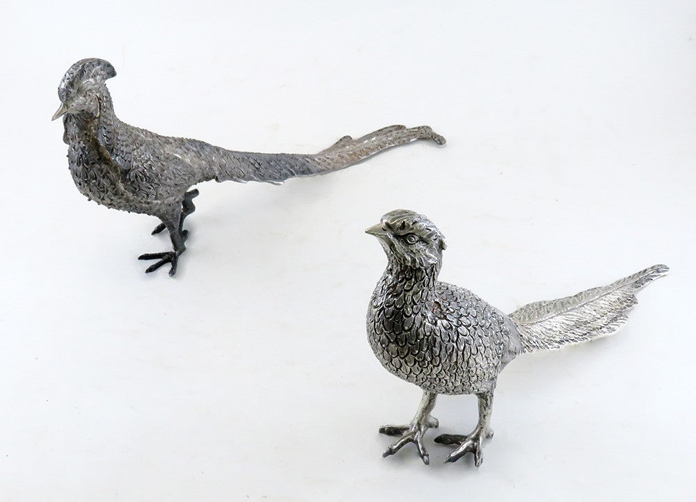 Rare Lifelike Solid Sterling Silver Pair Table Pheasants Heavy Weight