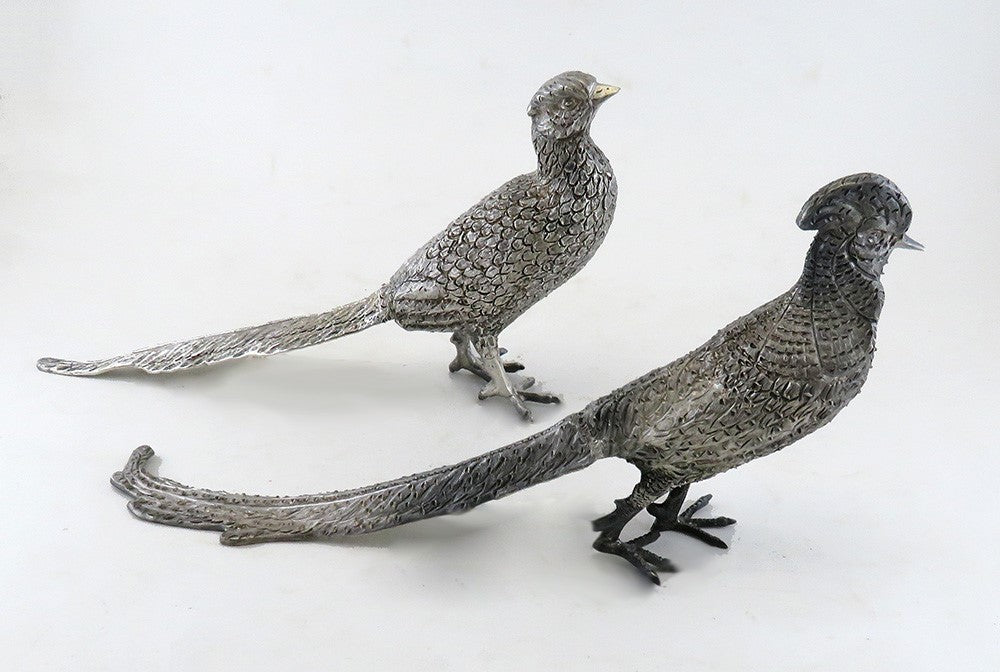 Rare Lifelike Solid Sterling Silver Pair Table Pheasants Heavy Weight