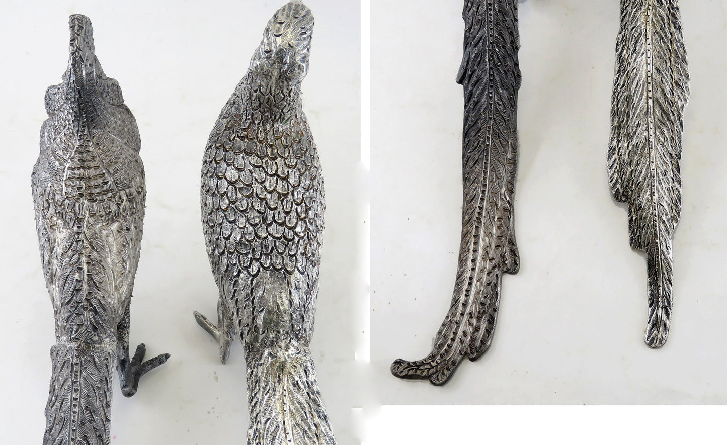 Rare Lifelike Solid Sterling Silver Pair Table Pheasants Heavy Weight