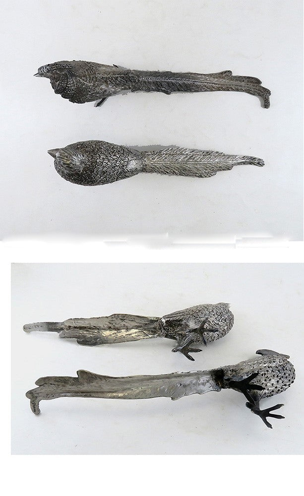 Rare Lifelike Solid Sterling Silver Pair Table Pheasants Heavy Weight