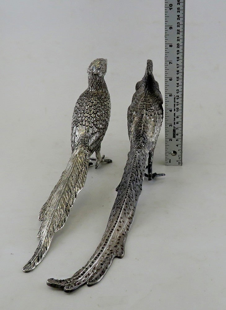 Rare Lifelike Solid Sterling Silver Pair Table Pheasants Heavy Weight