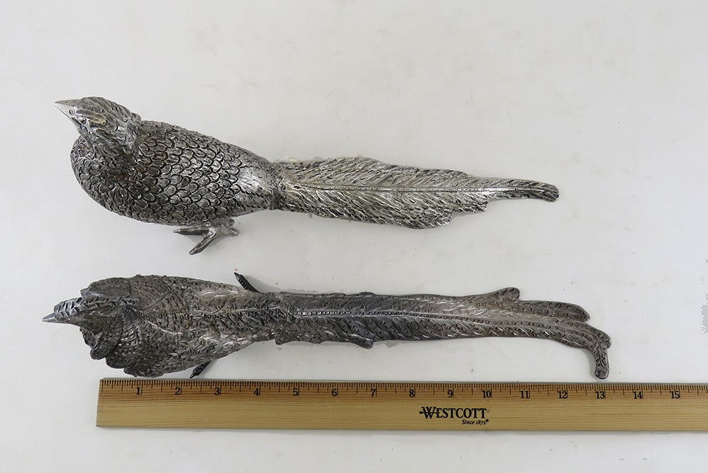 Rare Lifelike Solid Sterling Silver Pair Table Pheasants Heavy Weight