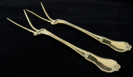 Pair 1855 Russian Gilt Silver Meat or Potato Forks Malcz Fleur de Lis Crest