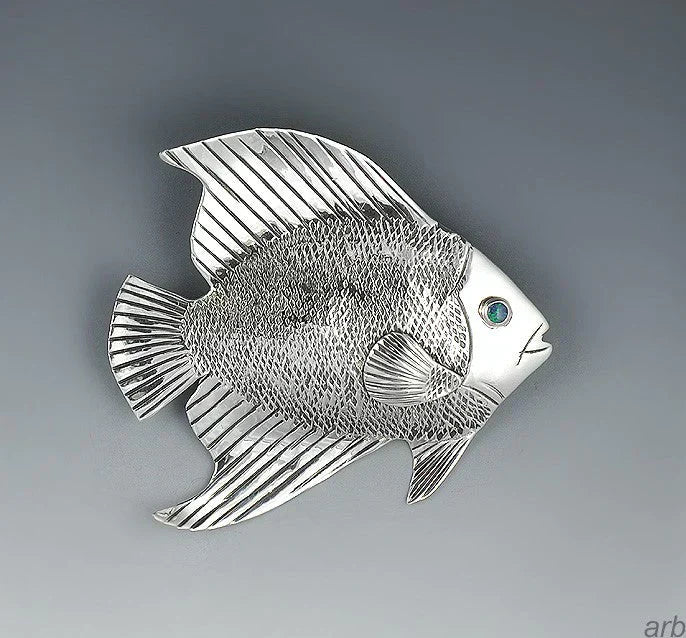 Graceful Vintage Sterling Silver Angel Fish Brooch/Pin with Deep Blue-Green Eye