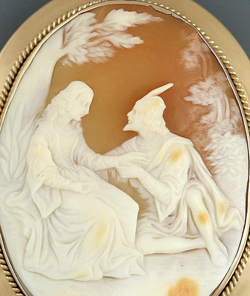 Antique 14k Yellow Gold Courting Scene Robin Hood Cameo Pin Brooch