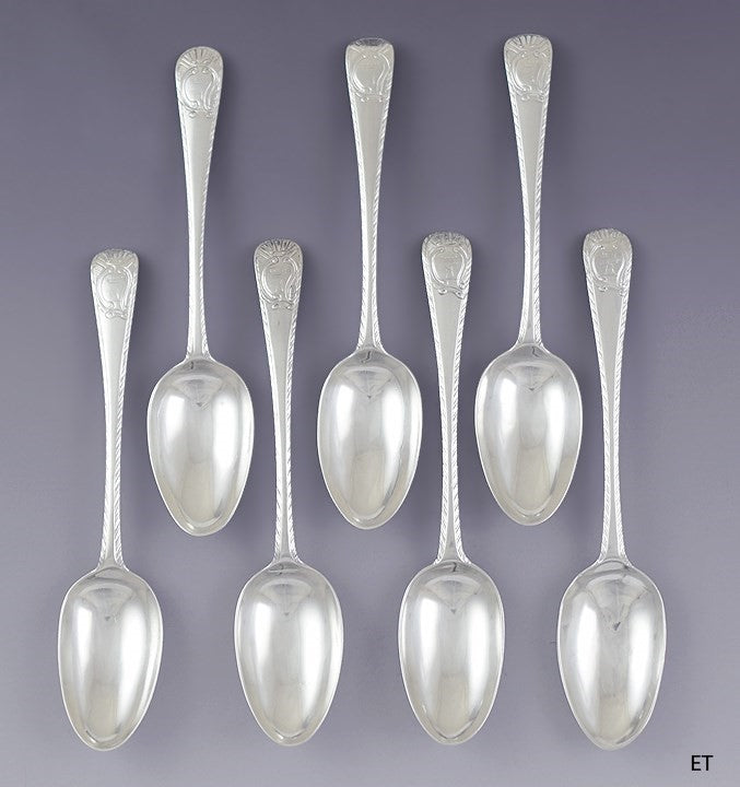 c1770-1786 Set 7 Irish Sterling Silver Feathered Edge Spoons by Michael Keating