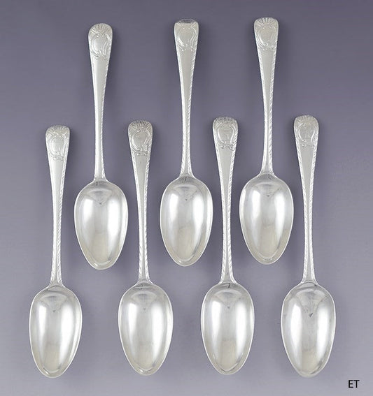 c1770-1786 Set 7 Irish Sterling Silver Feathered Edge Spoons by Michael Keating