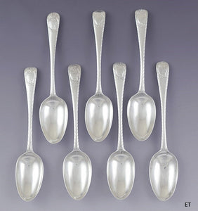 c1770-1786 Set 7 Irish Sterling Silver Feathered Edge Spoons by Michael Keating