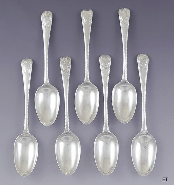 c1770-1786 Set 7 Irish Sterling Silver Feathered Edge Spoons by Michael Keating