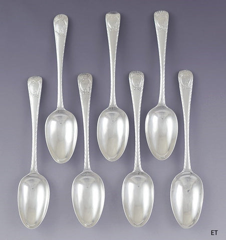 c1770-1786 Set 7 Irish Sterling Silver Feathered Edge Spoons by Michael Keating