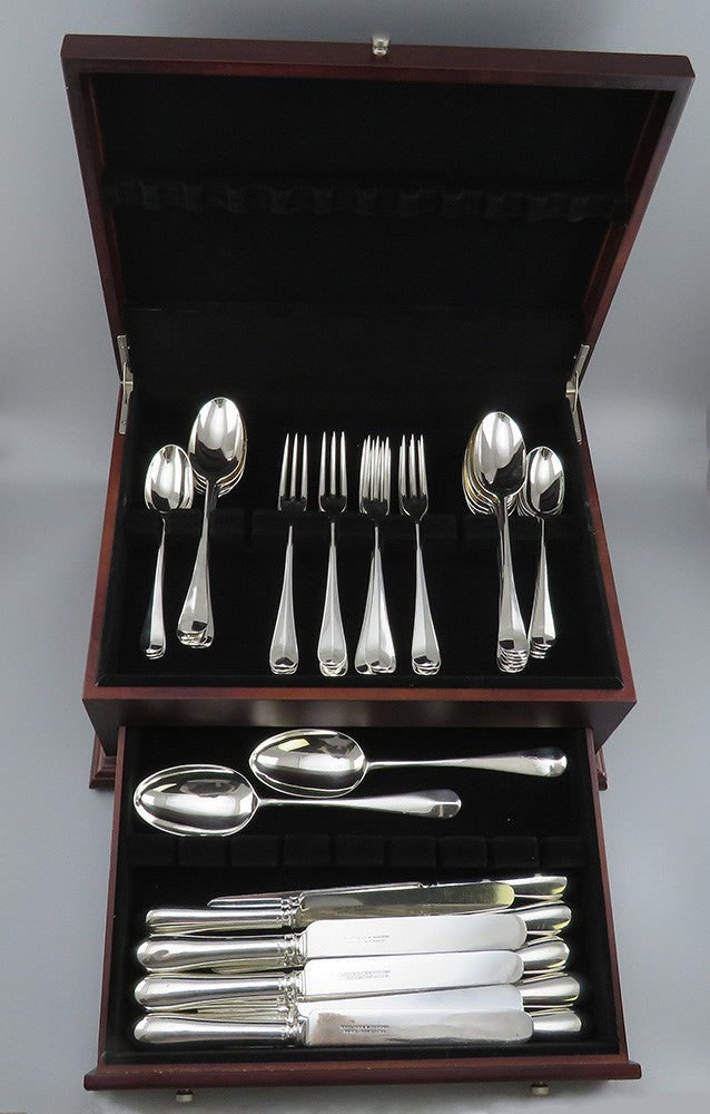 Antique English Sterling Silver 44pc Rattail Queen Anne Hanoverian Flatware Set