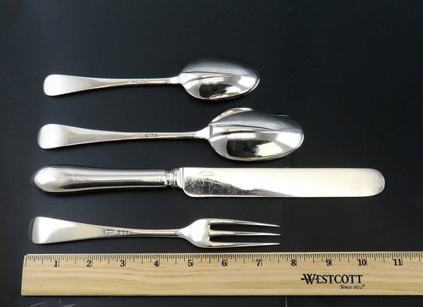 Antique English Sterling Silver 44pc Rattail Queen Anne Hanoverian Flatware Set