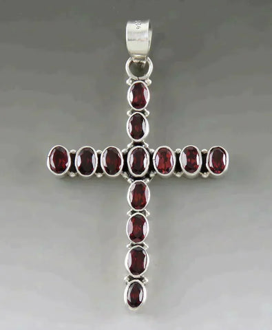 Vintage Sterling Silver 6 1/4 CT Garnet Gemstone Religious Cross Pendant