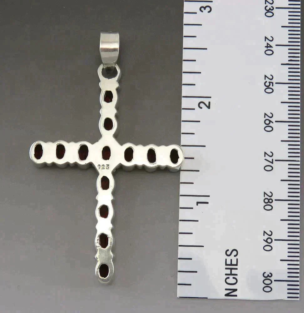 Vintage Sterling Silver 6 1/4 CT Garnet Gemstone Religious Cross Pendant
