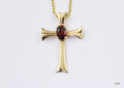 14K Yellow Gold Cross Necklace Chain Genuine Garnet
