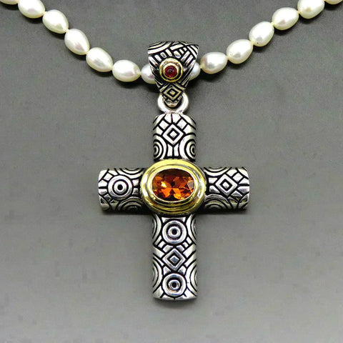 Designer HH Jewels 18K Gold Sterling Silver Citrine Cross Pendant Pearl Necklace