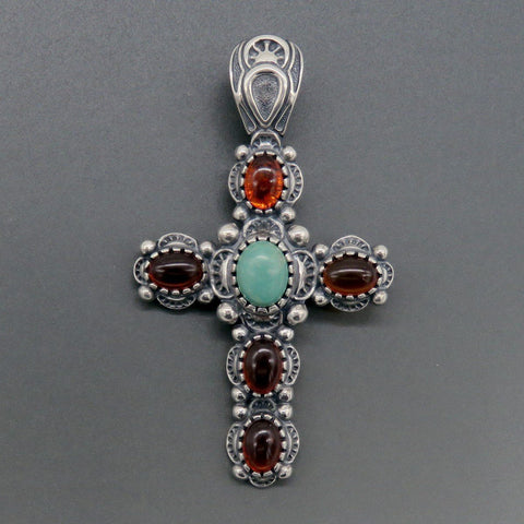 Signed Sterling Silver Amber Turquoise Relios Carolyn Pollack Cross Pendant