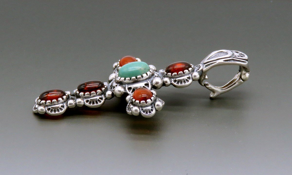 Signed Sterling Silver Amber Turquoise Relios Carolyn Pollack Cross Pendant