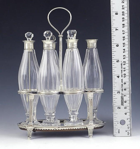 Fine English 6pc Sterling Silver Cut Glass Vanity Perfumes or Cruet Set