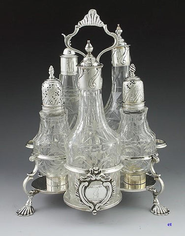 1763 ENGLISH STERLING SILVER & CUT GLASS CASTOR SET