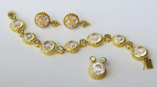 Paula Crevoshay 18k Gold Lunar Crystal Labradorite Pendant Earring Bracelet Set