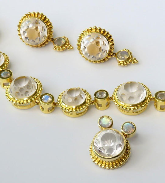 Paula Crevoshay 18k Gold Lunar Crystal Labradorite Pendant Earring Bracelet Set