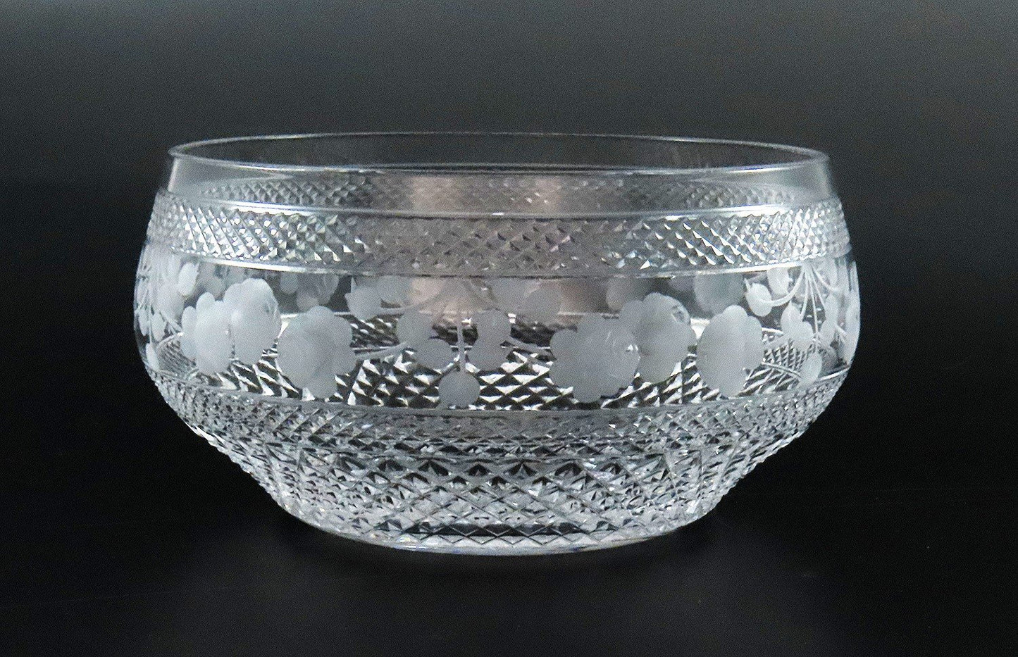 Lovely American or English Intaglio Cut Glass Rose Garland Bowl and Saucer