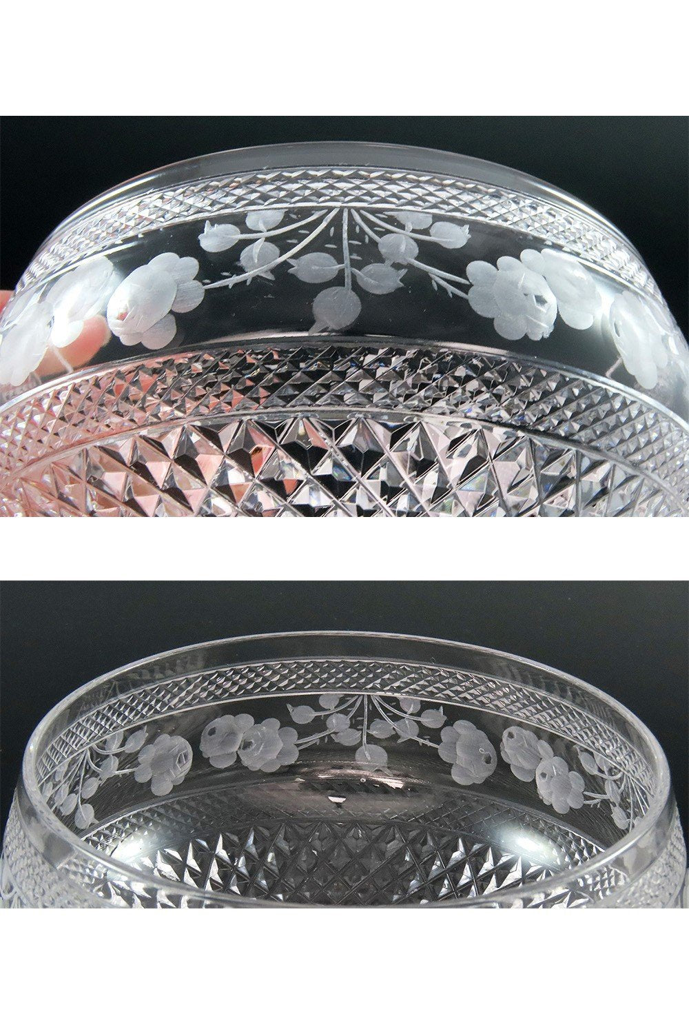 Lovely American or English Intaglio Cut Glass Rose Garland Bowl and Saucer