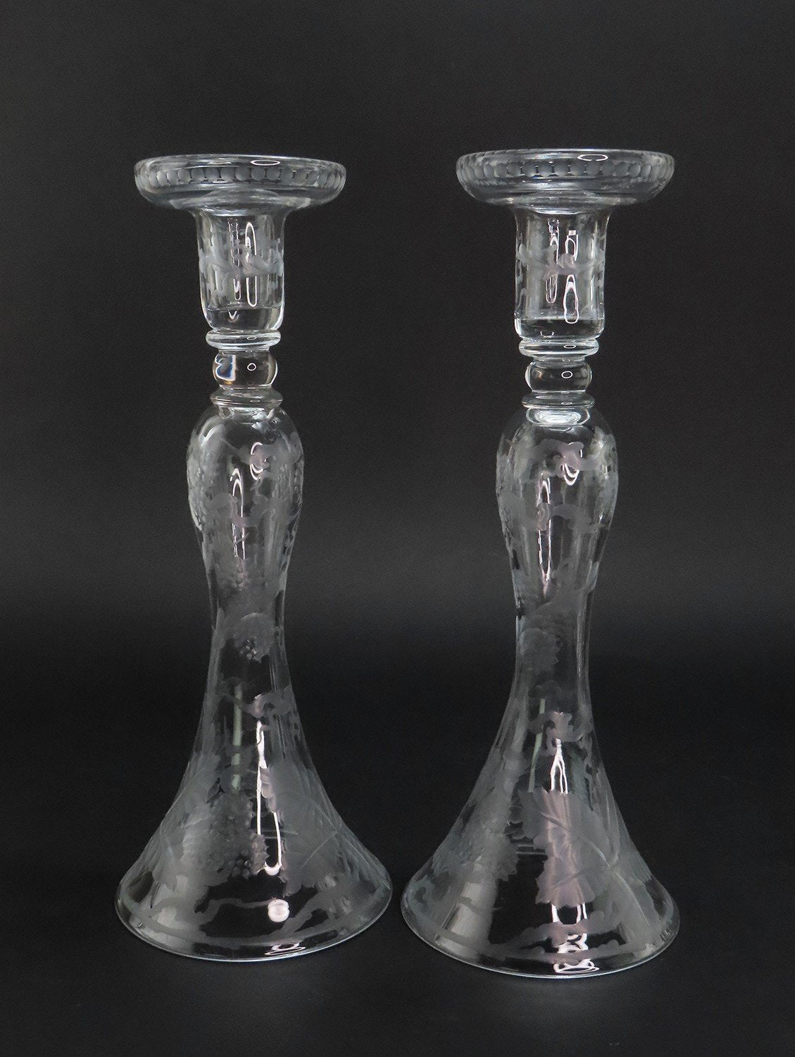 Lovely Pair Early 1900s Cut and Etched Glass Berry Vine Table Candlesticks 12"