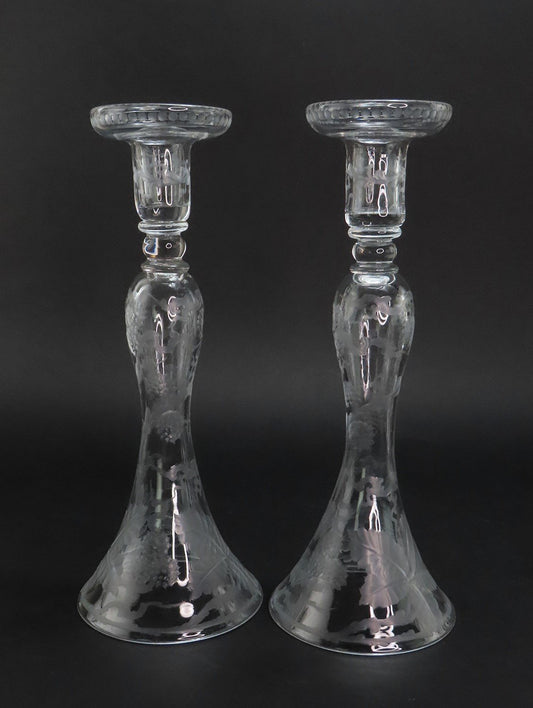 Lovely Pair Early 1900s Cut and Etched Glass Berry Vine Table Candlesticks 12"