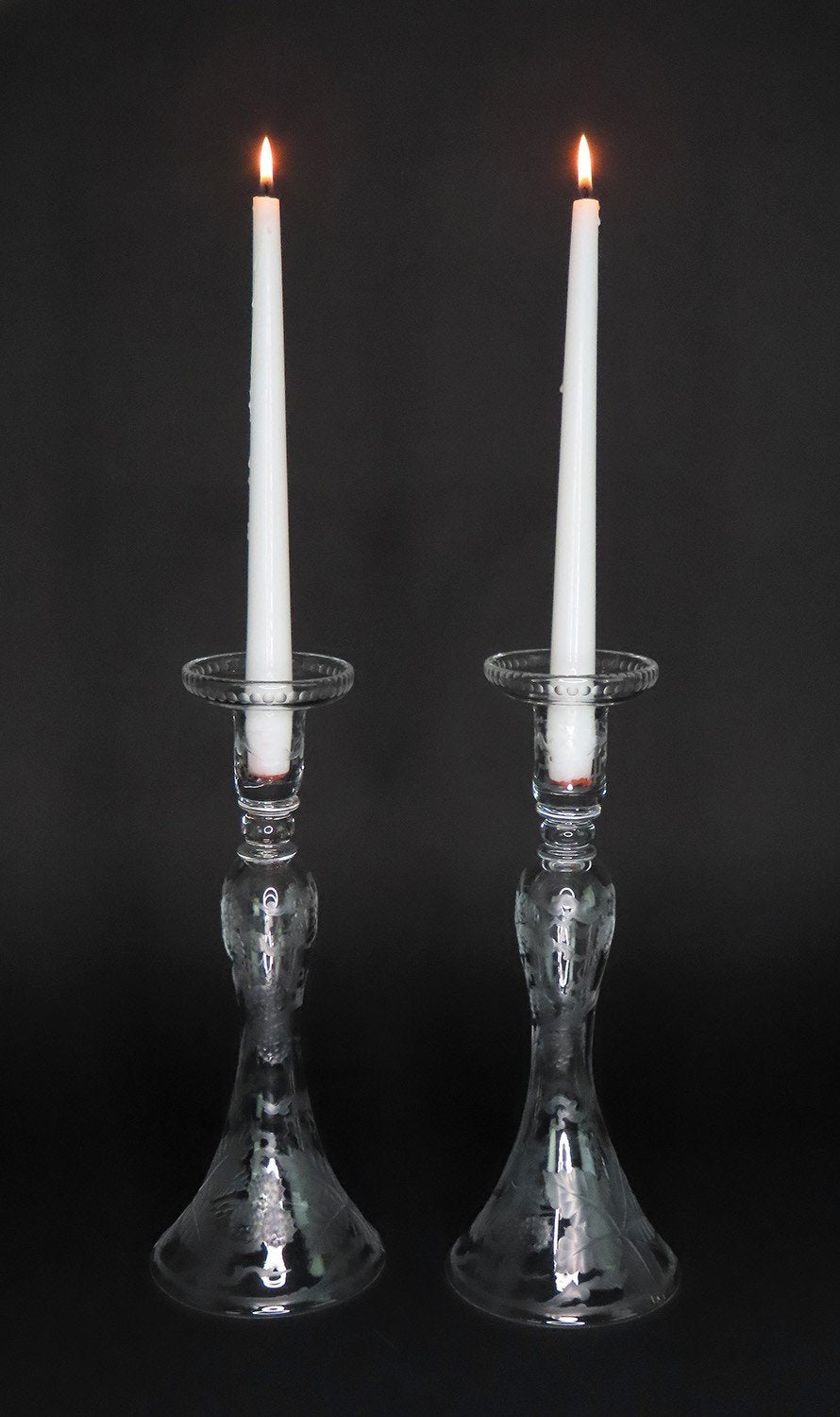 Lovely Pair Early 1900s Cut and Etched Glass Berry Vine Table Candlesticks 12"