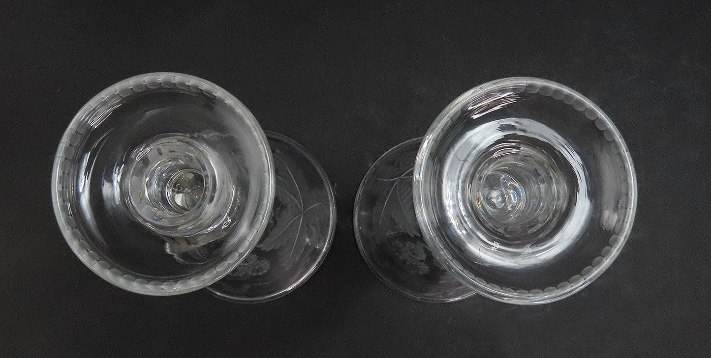Lovely Pair Early 1900s Cut and Etched Glass Berry Vine Table Candlesticks 12"