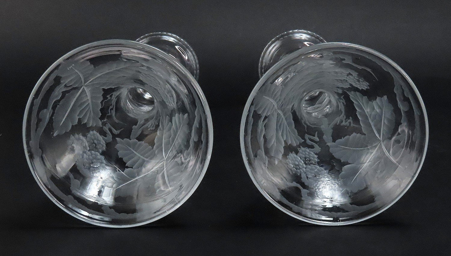 Lovely Pair Early 1900s Cut and Etched Glass Berry Vine Table Candlesticks 12"