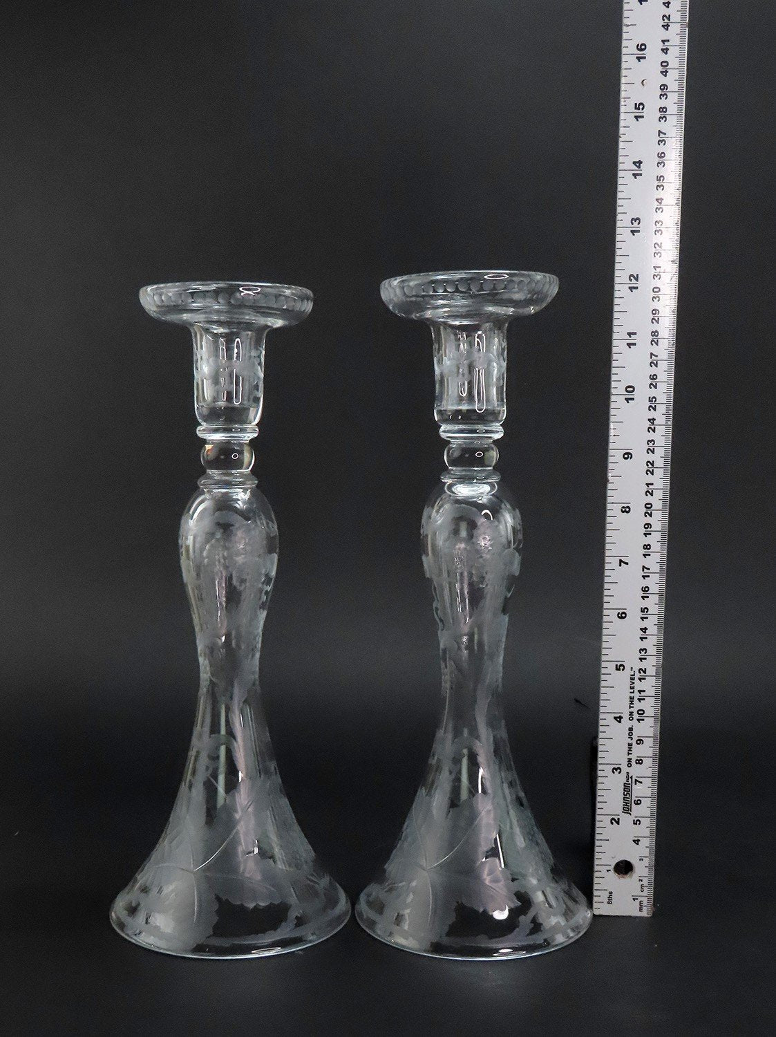 Lovely Pair Early 1900s Cut and Etched Glass Berry Vine Table Candlesticks 12"