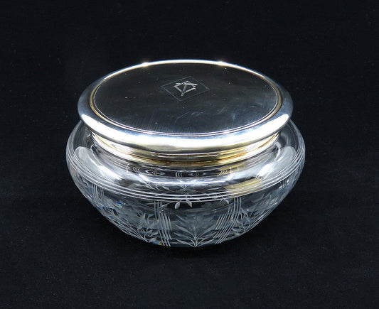 Large 1919 Gorham Sterling Silver Glass Powder Vanity Dresser Jar Box 5 3/4"