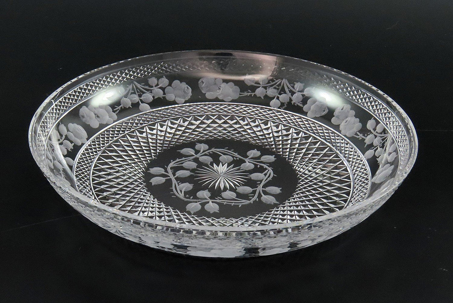 Lovely American or English Intaglio Cut Glass Rose Garland Bowl and Saucer