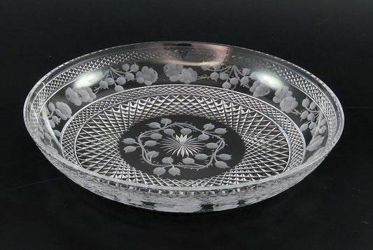 Lovely American or English Intaglio Cut Glass Rose Garland Bowl and Saucer
