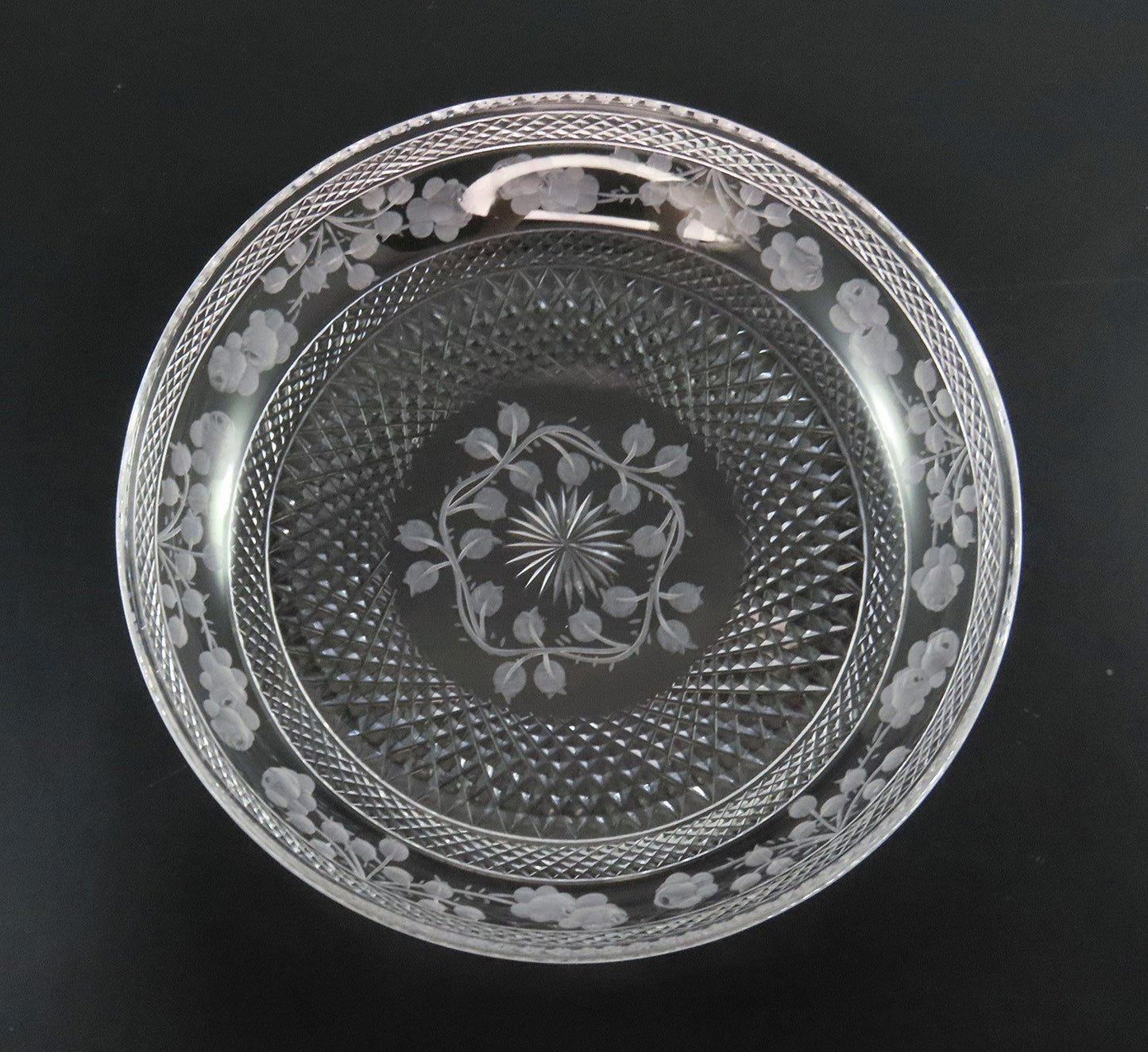 Lovely American or English Intaglio Cut Glass Rose Garland Bowl and Saucer