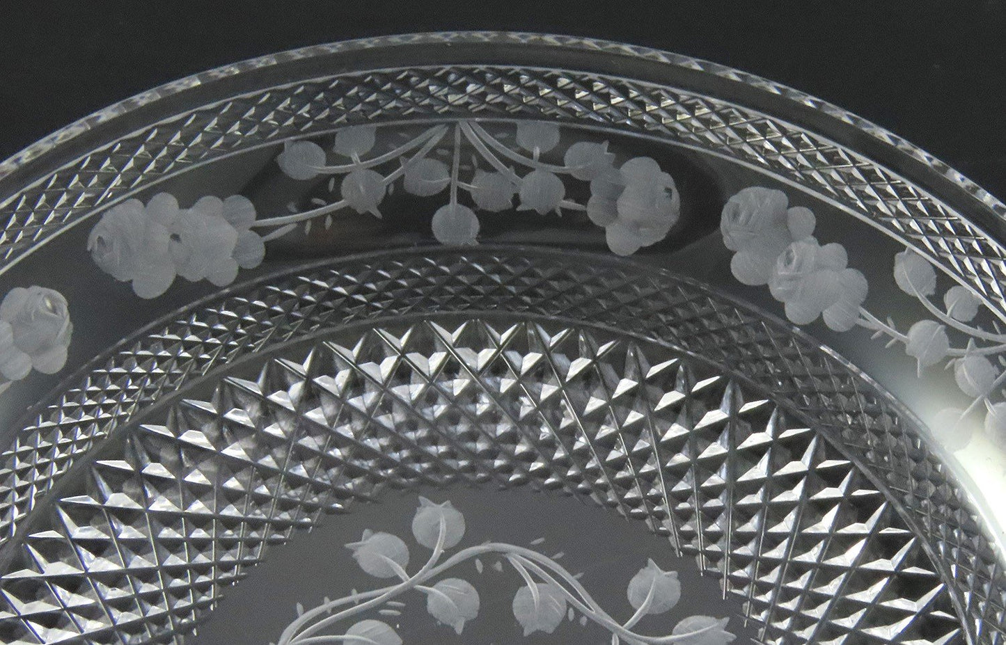 Lovely American or English Intaglio Cut Glass Rose Garland Bowl and Saucer