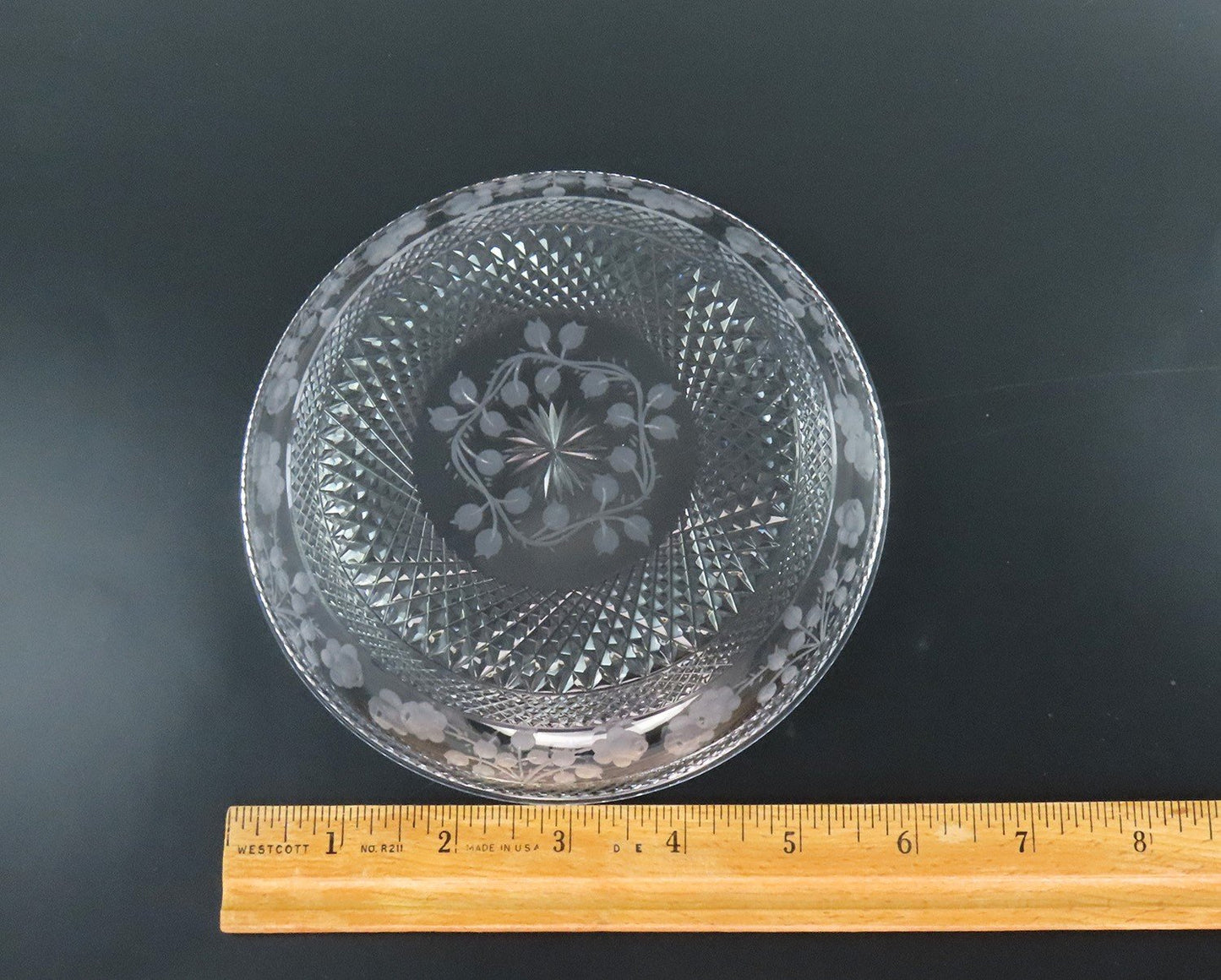Lovely American or English Intaglio Cut Glass Rose Garland Bowl and Saucer