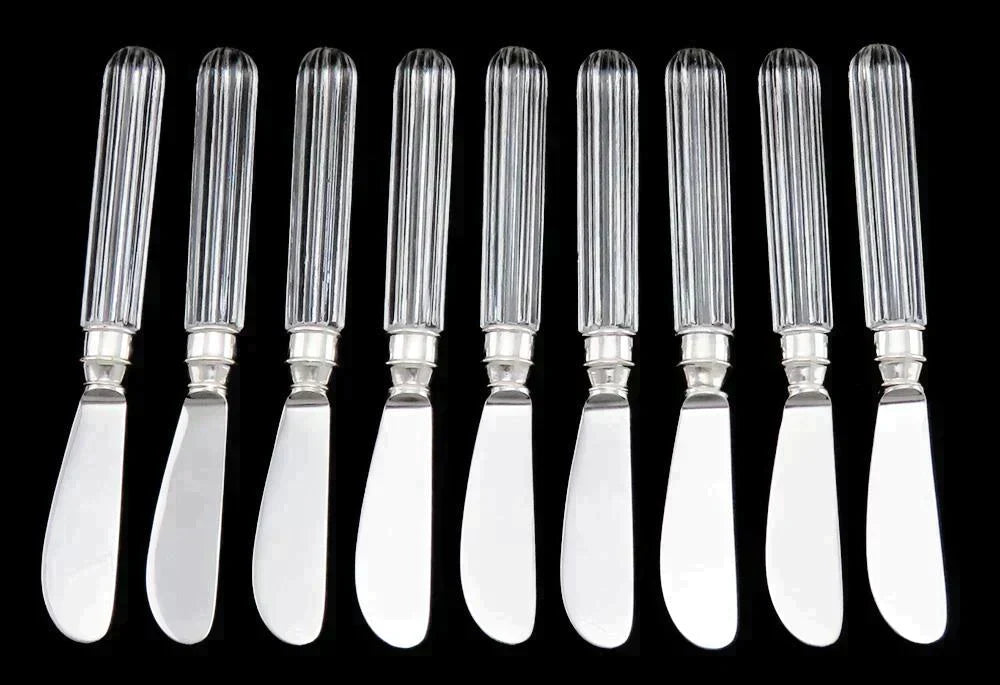 9 French Siecle Fidelio Crystal & Silver Plate Cheese/Butter Knives