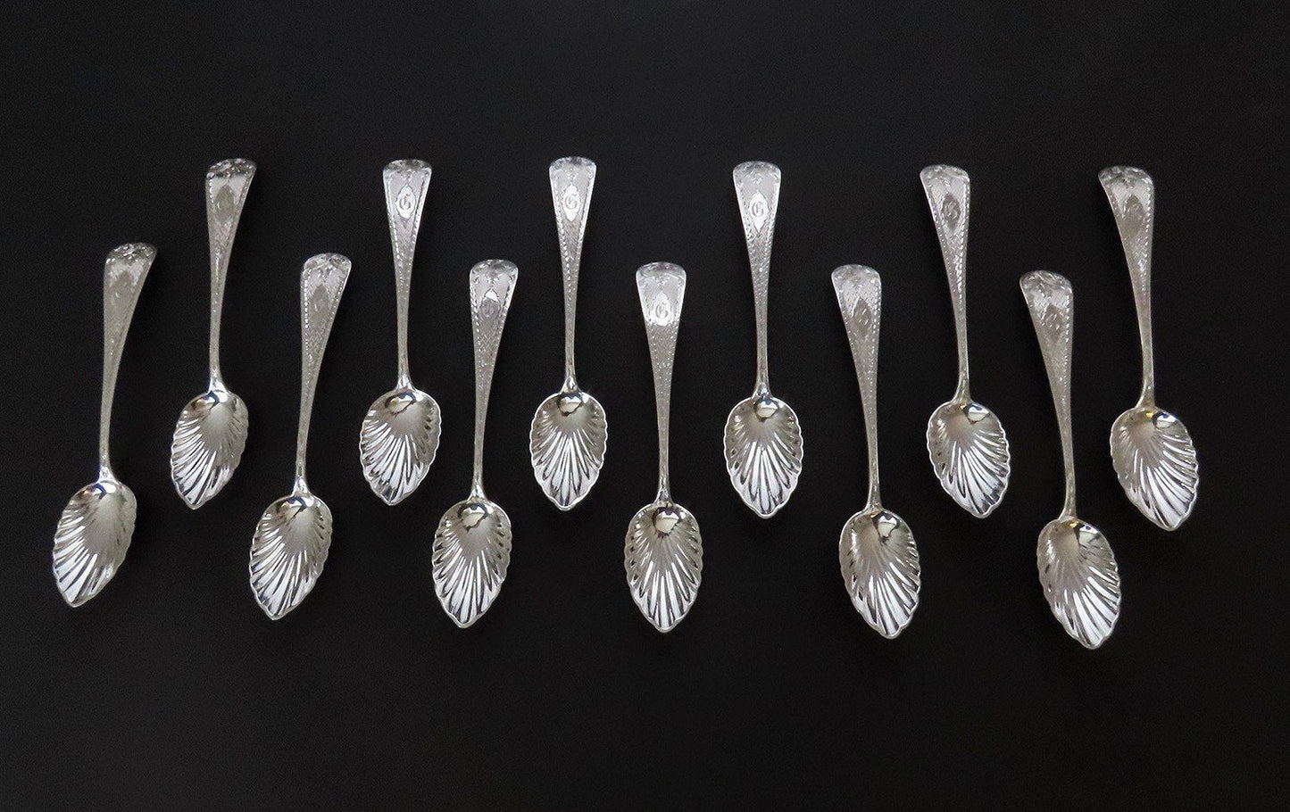 Set 12 c1830s American Coin Silver Engraved Dessert Ice Cream Spoons G Mono