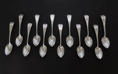 Set 12 c1830s American Coin Silver Engraved Dessert Ice Cream Spoons G Mono