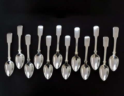 12 1818 English Georgian Sterling Silver Fiddle Dessert Oval Soup Spoons C Mono