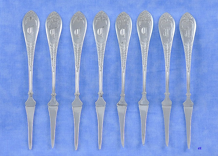 8 Antique c1873 Sterling Silver Gorham Palm Nut Seafood Picks