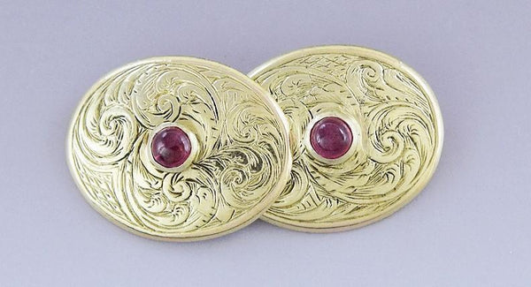 Regal Pair Victorian 18k Gold & Ruby Hand Engraved Oval Cufflinks