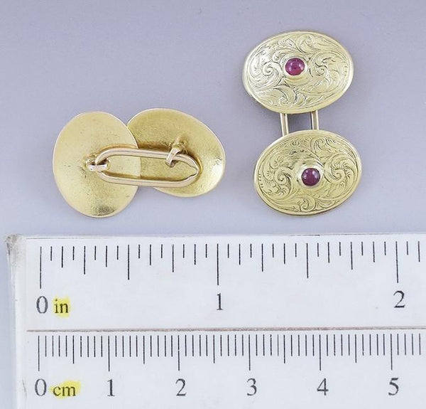 Regal Pair Victorian 18k Gold & Ruby Hand Engraved Oval Cufflinks